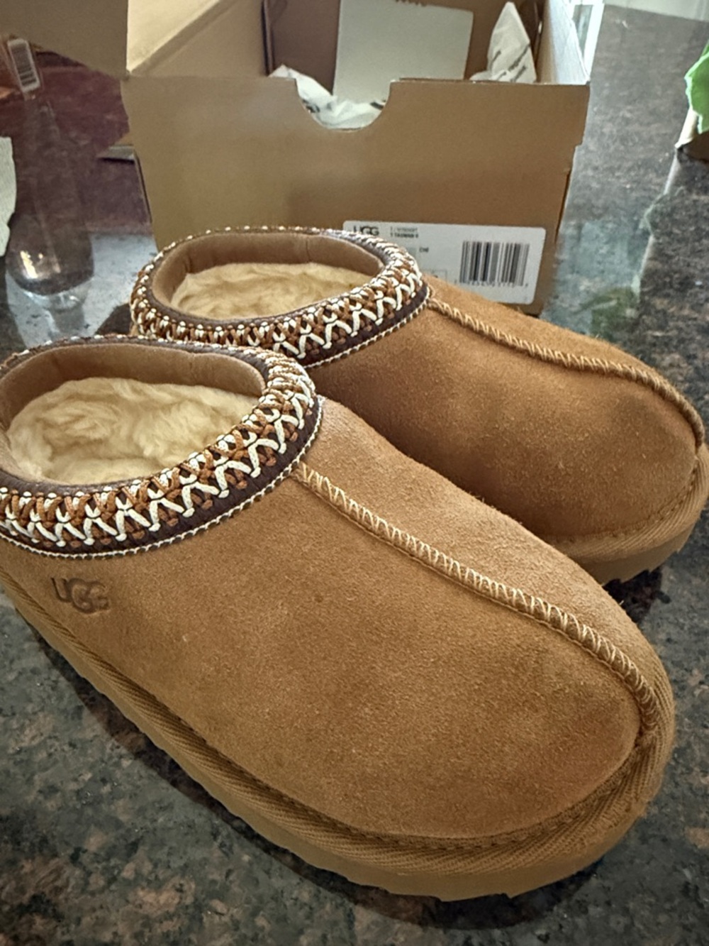 UGG Chestnut Brown Suede Shearling Mule Slippers